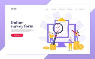 formulario de encuesta en línea o aplicación de examen en la pantalla del monitor, formulario de reclamo, portapapeles y personas diminutas trabajando juntas. vector