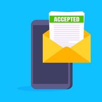 College or university acceptance letter on smartphone screen, open envelope document email. vector