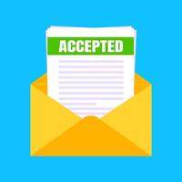College or university acceptance letter with envelope and paper sheets document email. vector