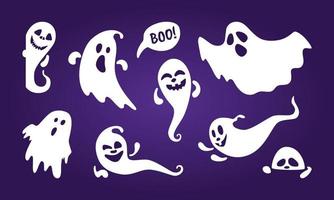 Cute ghost holiday characters flat style design vector illustration set isolated on dark background.