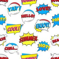 Seamless Comic Lettering Summer In The Speech Bubbles Comic Style Flat Design pattern. Dynamic Pop Art Vector Illustration Isolated On White Background.