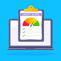 Credit score gauge speedometer indicator with color levels on clipboard. vector