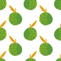 Isolated seamless doodle pattern with green doodle apple ornament. White background. vector