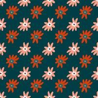 Red and pink colored simple flower elements seamless pattern on navy blue background. vector