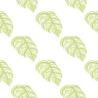 Botanic seamless pattern with pastel green monstera leaf ornament. Light background. Doodle design. vector