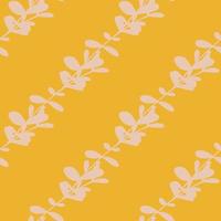 Abstract diagonal eucalyptys elements seamless doodle pattern. Yellow bright background. Herb shapes. vector