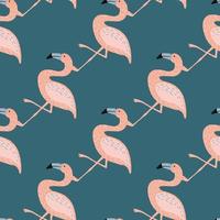 Simple hand drawn doodle seamless pattern with simple pink flamingo elements. Navy blue pastel background. vector