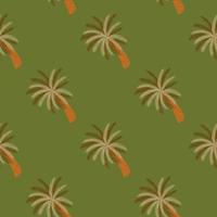 Creative beach nature doodle seamless pattern with simple palm tree silhouettes. Green olive background. vector