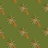 Creative beach nature doodle seamless pattern with simple palm tree silhouettes. Green olive background. vector