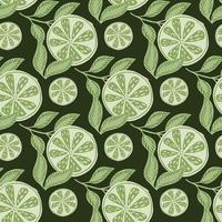 Decorative seamless pattern with green lime slices random print. Dark background. Summer botany print. vector