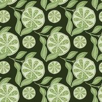 Decorative seamless pattern with green lime slices random print. Dark background. Summer botany print. vector