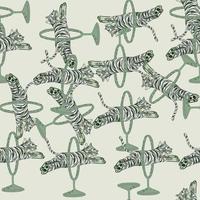 Hand drawn zoo exotic seamless pattern with grey jumping across ring tiger print. Light pastel background. vector