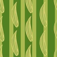 Abstract foliage seamless doodle pattern with lily of the valley leaves shapes. Green striped background. vector