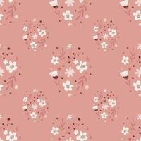 Tender spring seamless nature pattern with white simple flowers silhouettes and leaf shapes. Pink background. vector