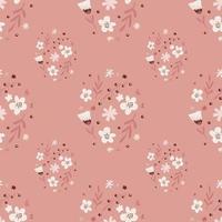 Tender spring seamless nature pattern with white simple flowers silhouettes and leaf shapes. Pink background. vector