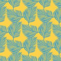 Abstract seamless pattern with doodle blue fern leaves silhouettes. Yellow bright background. Doodle style. vector