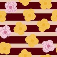 Abstract random seamless pattern with simple yellow and pink flowers elements. Maroon striped background. vector