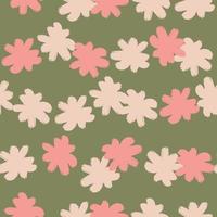 Pink colored random flower bud elements seamless doodle pattern. Pale olive green background. Simple style. vector