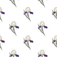 Decorative seamless pattern with isolated doodle purple iris flower shapes. White background. Simple print. vector