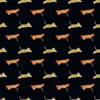 Contrast dark seamless pattern with doodle little jumping tigers ornament. Black background. Simple design. vector