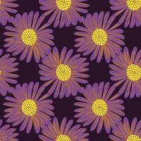 Decorative seamless pattern with simple purple daisy flowers silhouettes print. Dark background. Doodle style. vector