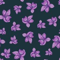 Scrapbook seamless pattern with purple random orchid flower elements. Dark background. vector