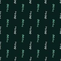 Green colored eucalyptus branches elements seamless pattern in doodle style. Dark green background. vector