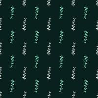 Green colored eucalyptus branches elements seamless pattern in doodle style. Dark green background. vector