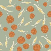 Vintage style seamless pattern in pastel tones with orange random tulip flowers print. Blue background. vector