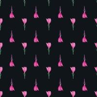 Contrast seamless pattern in doodle hand drawn style with pink crocus flowers on black background. vector