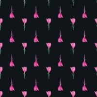 Contrast seamless pattern in doodle hand drawn style with pink crocus flowers on black background. vector