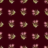 Pink and green colored bell flowers shapes seamless doodle pattern. Dark maroon background. Nature backdrop. vector