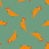 Random contrast seamless pattern with bright orange cockatoo parrot silhouettes. Turquoise background. vector