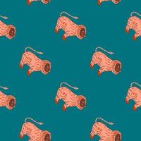 Cartoon childish seamless pattern with funny pink lions ornament. Turquoise background. Simple design. vector