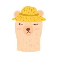 Head brown bear isolated on white background. Cheerful character woman in yellow hat. vector