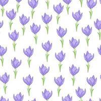 Seamless pattern with isolated blue crocus flowers little ornament. White background. Hand drawn floral backdrop. vector