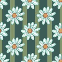 Natural seamless pattern with doodle blue daisy flowers ornament. Green striped background. Nature print. vector
