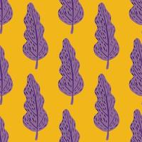 Decorative cartoon seamless bright pattern with purple tree shapes. Yellow background. vector