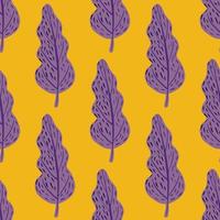 Decorative cartoon seamless bright pattern with purple tree shapes. Yellow background. vector