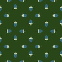 Decoration nature seamless pattern with blue acorn scandi print. Green dark background. vector