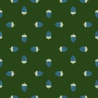 Decoration nature seamless pattern with blue acorn scandi print. Green dark background. vector