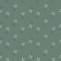 Outline seamless doodle pattern with white simple four-leaf clower print. Pale green background. vector