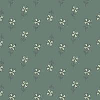 Outline seamless doodle pattern with white simple four-leaf clower print. Pale green background. vector