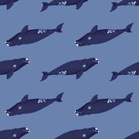 Seamless pattern right whale on blue background. Template of cartoon character of ocean for fabric. vector