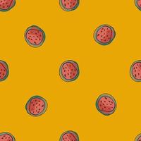 Minimalistic watermelon pink little half seamless pattern. Orange bright background. Summer food shapes. vector