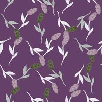 Seamless pattern with random decorative ear of wheat elements print. Purple background. Flat backdrop. vector