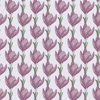 Abstract botanic seamless pattern in hand drawn style with crocus flowers outline ornament. Light blue background. vector