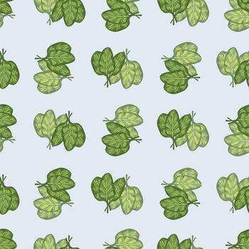 Seamless pattern bunch spinach salad on blue background. Simple ornament with lettuce. vector