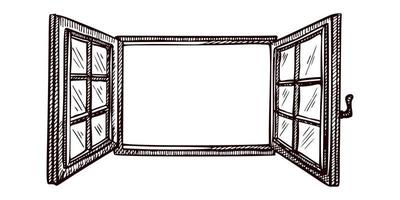 Opened window sketch isolated. Retro element inside wall in hand drawn style. vector