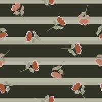 Seamless abstract nature pattern with red simple flower shapes. Black and grey striped background. vector